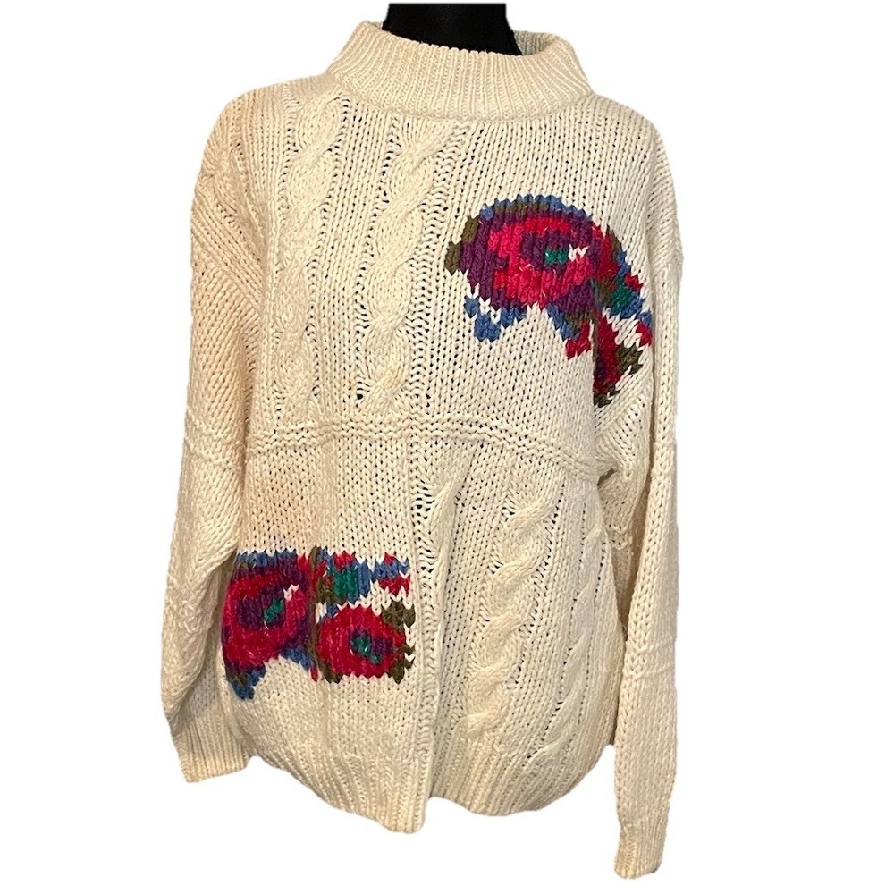 Cottagecore VTG Rafferty Cable Knit Sweater L‎ Cream & Colorful Abstract Floral